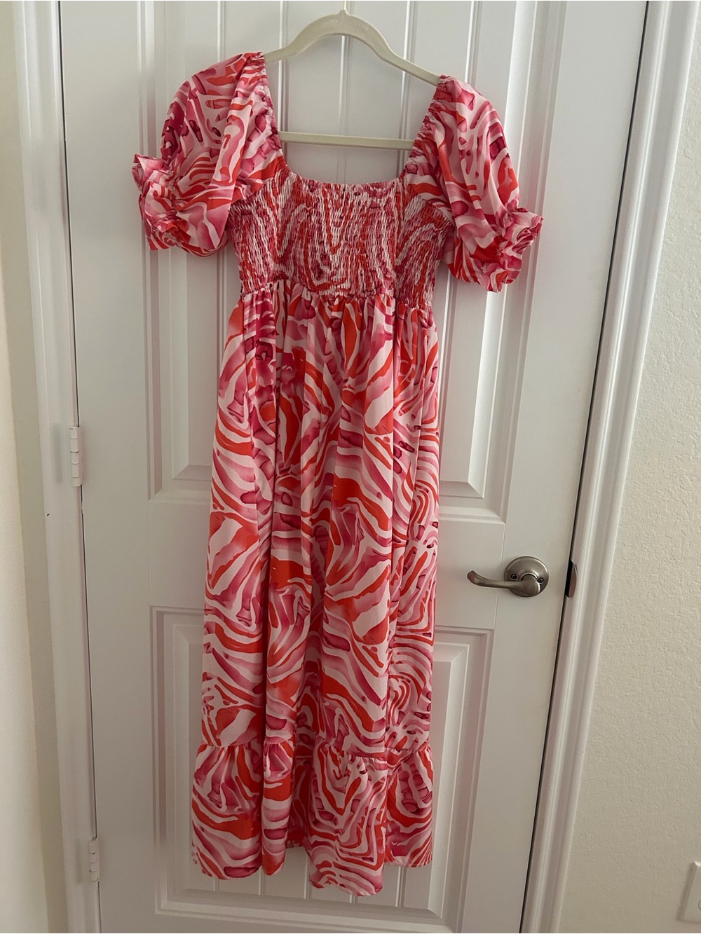 Pink & Coral Printed Smocked Midi Dress